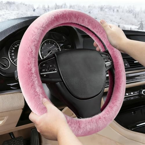 Furry Warm Steering Wheel Cover, Universal 14.5-15 Inch Winter Plush Warm Steering Wheel Cover, Soft Fluffy, Anti-Slip Design, Soft Texture (Pink) - color: Pink Plush