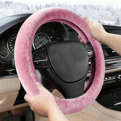 Furry Warm Steering Wheel Cover, Universal 14.5-15 Inch Winter Plush Warm Steering Wheel Cover, Soft Fluffy, Anti-Slip Design, Soft Texture (Pink) - color: Pink Plush