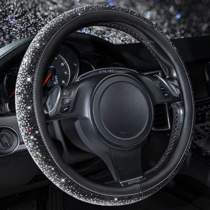 CAR PASS Bling Diamond Leather Steering Wheel Cover, Bling Sparkly Crystal Glitter Rhinestones Universal Fit 14" 1/2-15" Car Wheel Protector for Women Girl Fit Suvs,Vans,Sedans,Trucks, Black Silver - color: Black Silver Diamond