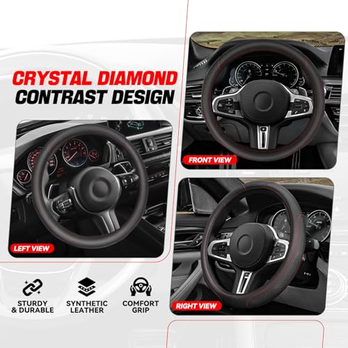 Auto Dynasty Steering Wheel Cover, Breathable Microfiber Leather Car Steering Wheel Protector with Hexagon Quilted Non-Slip Grip Pattern, Anti-Slip, [14 1/2 to 15 Inches] Universal Fit Cars Trucks SUV - color: Hexagon Stitched Red A
