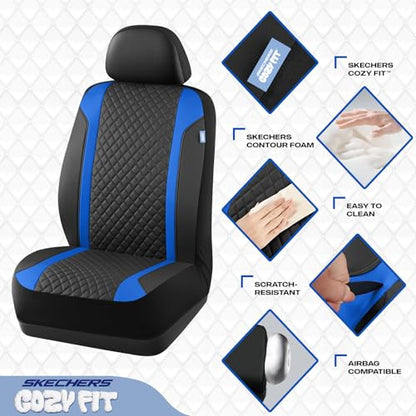 Skechers Seat Covers Contour Foam Cozy Fit,Leather Car Seat Covers, Car Seat Covers Front Seats Airbag Compatible, Universal Automotive Comfort for Most Cars, Vans, Trucks, SUV,Blue - color: Black and Blue