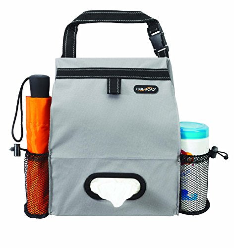 High Road Car Organizer with Car Trash Bin and Tissue Holder - Holds Full Size Tissue Box, Bottles and Wipe Containers - 2 Gal Leakproof Covered Trash Can with Push-Close Lid - color: Gray