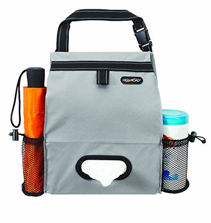 High Road Car Organizer with Car Trash Bin and Tissue Holder - Holds Full Size Tissue Box, Bottles and Wipe Containers - 2 Gal Leakproof Covered Trash Can with Push-Close Lid - color: Gray