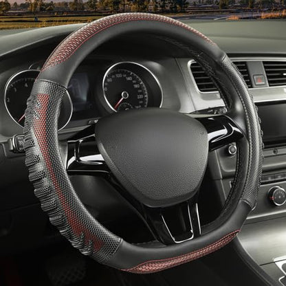 D Shaped Steering Wheel Cover Great Grip with 3D Honeycomb Hole, Anti-Slip Sporty Design, Universal 15 inch(Black with Burgundy) - color: Black with Burgundy, size: D Shaped-Middle[14.5''-15'']