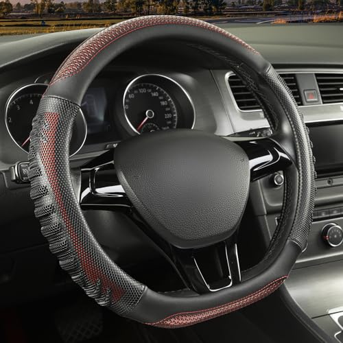 D Shaped Steering Wheel Cover Great Grip with 3D Honeycomb Hole, Anti-Slip Sporty Design, Universal 15 inch(Black with Burgundy) - color: Black with Burgundy, size: D Shaped-Middle[14.5''-15'']