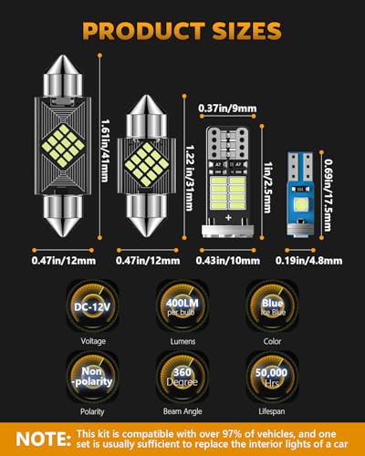 Zakolak 24PCS LED Interior Car Lights, Extremely Bright LED Bulb Kit, Applicable to Dome Map Door Lights and Other Parts Replacement for Your Cars, to Help You See Inside The Car at Night（Ice Blue） - color: Ice Blue