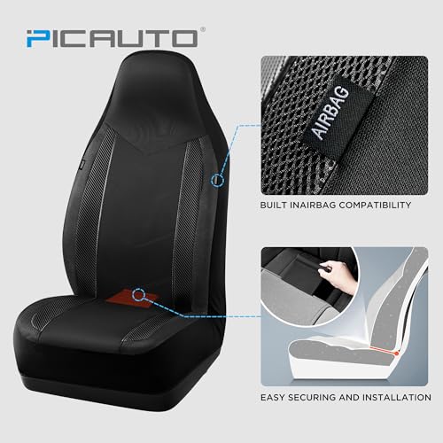 PIC AUTO Car Seat Covers - High Back Front Sports Carbon Fiber & Mesh Design Seat Covers, Automotive Seat Covers, Universal Fit for Most Cars, Airbag Compatible (Black)