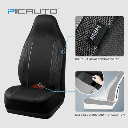 PIC AUTO Car Seat Covers - High Back Front Sports Carbon Fiber & Mesh Design Seat Covers, Automotive Seat Covers, Universal Fit for Most Cars, Airbag Compatible (Black)