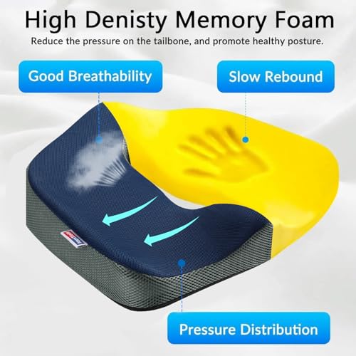 Seat Cushion for Tailbone Pain Relief, Memory Foam Coccyx Cushion for Office Chair & Car, Ergonomic Chair Pad with Non-Slip Cover & Handle, Sciatica Relief for Gaming Chair (Blue)