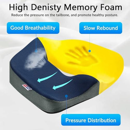 Seat Cushion for Tailbone Pain Relief, Memory Foam Coccyx Cushion for Office Chair & Car, Ergonomic Chair Pad with Non-Slip Cover & Handle, Sciatica Relief for Gaming Chair (Blue)
