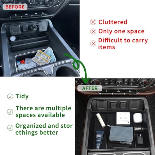 Xaido 2PCS Center Console Organizer Compatible with 2014 2015 2016 2017 2018 Chevy Silverado/GMC Sierra 1500/2500/3500 HD Accessories Console Armrest Box Storage Tray, Full Console w/Bucket Seats ONLY