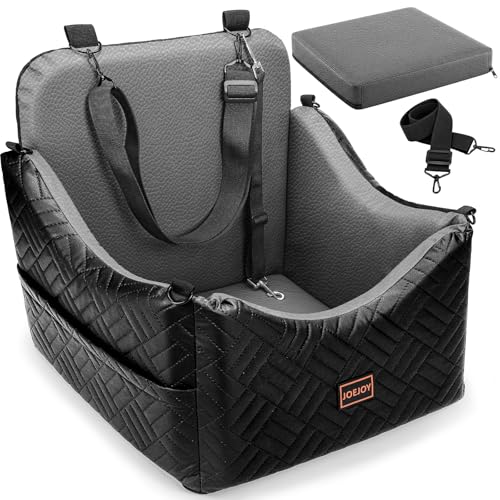 JOEJOY PU Dog Car Seats for Small Medium Dogs, Wipe Clean Waterproof Dog Booster Seat with 2.5 inch Cushion, Thickened 2 inch Memory Foam Pet Car Seats with Safety Belt and Storage Pockets