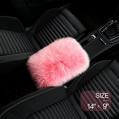 LLB Auto Center Console Cover Pad Universal Fit for SUV/Truck/Car, Genuine Sheepskin Wool Fur Car Armrest Seat Box Cover, Furry Fluffy Auto Armrest Cover Protector (Pink) - color: Pink