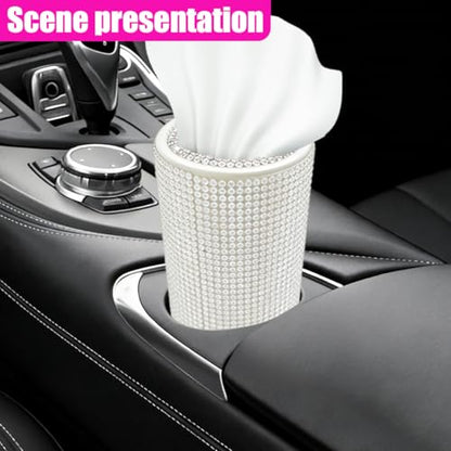 Craedli Bling Car Tissue Holder for Cup Holder, Sparkly Crystal Rhinestone Round Cylinder Car Tissue Box, Refillable Tissues Dispenser Auto Interior Paper Napkin Container with 1 Pack Tissues (White) - color: White