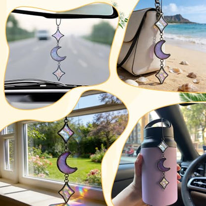 Stained Glass Moon Car Decor Charm Star Rear View Mirror Accessories Perfect Witchy Gift for Man Woman Spiritual Souls and Lunar Lovers