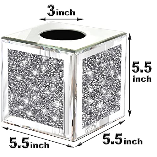 Wocred Square Mirrored Tissue Box Cover,Crystal Crushed Diamond Tissue Box,Silver Luxury Tissue Holders for Either Tissues in a Bathroom or Napkins on a Table.(5.5”x5.5”x5.5”) - color: Silver Diamond