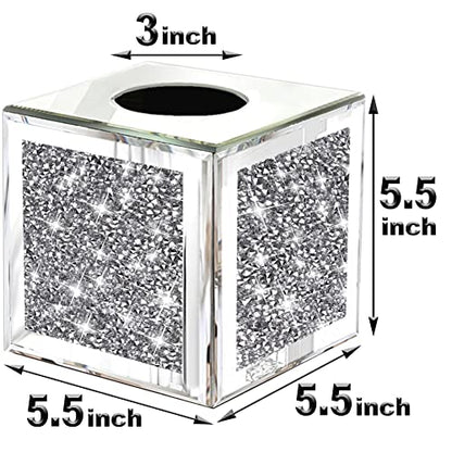 Wocred Square Mirrored Tissue Box Cover,Crystal Crushed Diamond Tissue Box,Silver Luxury Tissue Holders for Either Tissues in a Bathroom or Napkins on a Table.(5.5”x5.5”x5.5”) - color: Silver Diamond