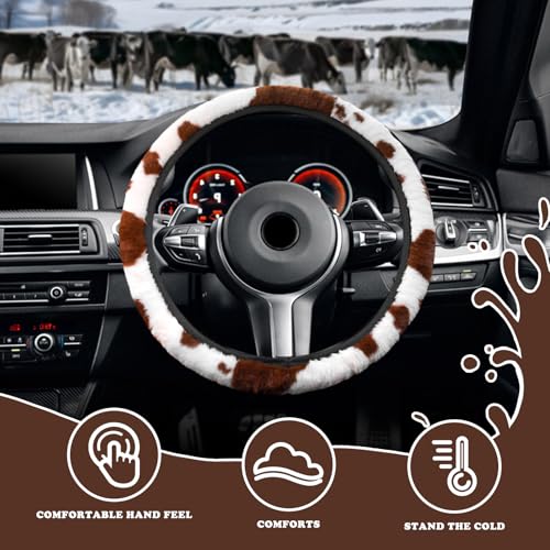3PCS Cow Print Steering Wheel Cover Plush, Auto Cute Furry Cows Pattern Hand Brake & Shift Gear Covers Universal Soft Warm Car Interior Accessories for Women Men (Brown Cow Print, 15 inch)