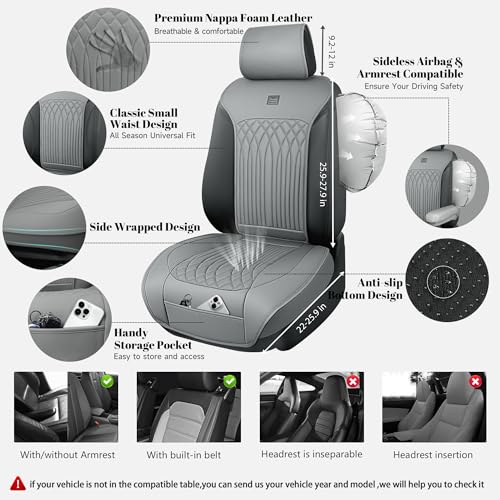 CAR PASS Car Seat Protector, 2 Pack Sideless Nappa Leather Seat Covers for Cars, All Season Waterproof Breathable Front Seats Cushion with Storage Pocket Universal Fit Vehicle Car SUV Truck, All Gray - color: Gray