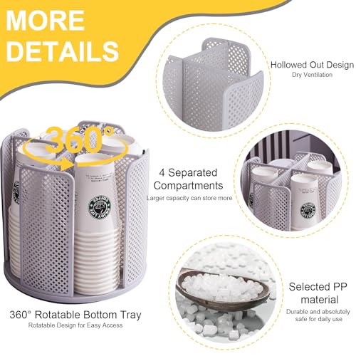 Coffee Cup Dispenser,360°Rotating Paper Cup Dispenser,Cup Holder with 4 Compartments Removable,Cup Dispenser Countertop,Disposable Paper & Plastic Cups,for Restaurant,Coffee Station,Bar,Office - color: Gray