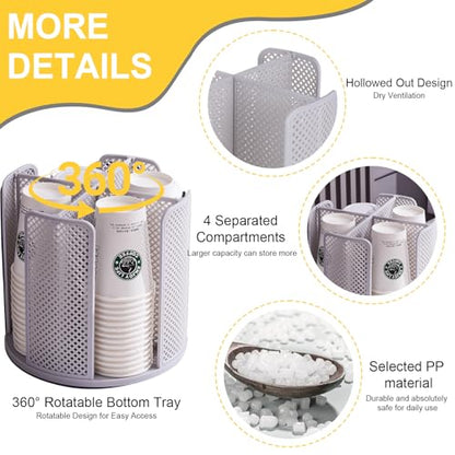 Coffee Cup Dispenser,360°Rotating Paper Cup Dispenser,Cup Holder with 4 Compartments Removable,Cup Dispenser Countertop,Disposable Paper & Plastic Cups,for Restaurant,Coffee Station,Bar,Office - color: Gray