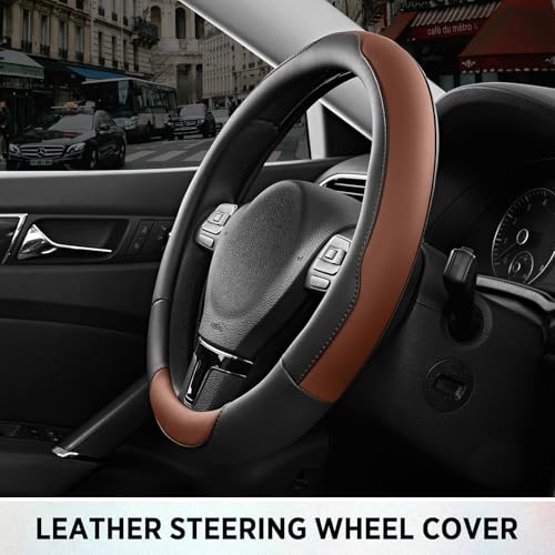 Road Comforts Steering Wheel Cover, Breathable Anti-Slip Leather Steering Wheel Cover, Universal Fit 14.5–15 Inch, Comfortable Grip - Brown Color