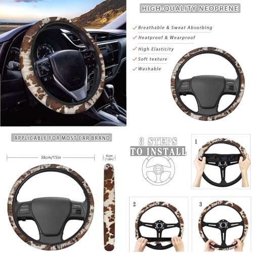 Wanyint Brown Beige Cow Print Car Seat Cover Set 14 PCS, with Steering Wheel Seat Belt Pad Garbage Bag Rearview Mirror Armrest Seat Box Handbrake Cover Set Car Coasters Fit SUV Sedan - color: Brown Beige Cow Print