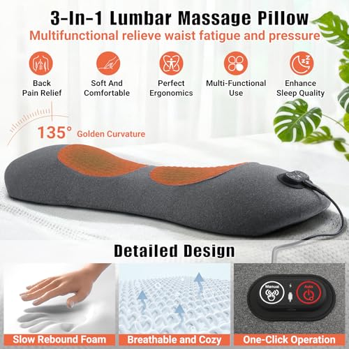 3-in-1 Electric Lumbar Support Pillow with Heat, Vibration and Traction, Triple Fusion Low Back Massager for Pain Relief Deep Tissue, Ergonomic Memory Foam Lumbar Support Massager for Car/Bed/Office
