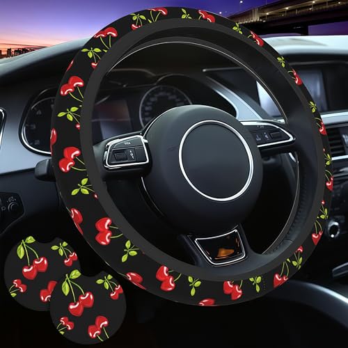 Cherry Hearts Red Steering Wheel Cover Cherry Hearts Red Steering Wheel Cover Car Women Breathable Universal for 14-15 Inch Anti-Slip 2 Pieces Car Coasters for Men Women - color: 1-Cherry Hearts