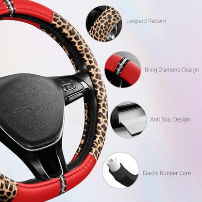 Road Comforts Leopard Steering Wheel Cover for Women, Cute Anti-Slip Microfiber Leather, Fits D Shape Flat Bottom Steering Wheel 14.5-15 Inch - Red - color: D Shape-Red