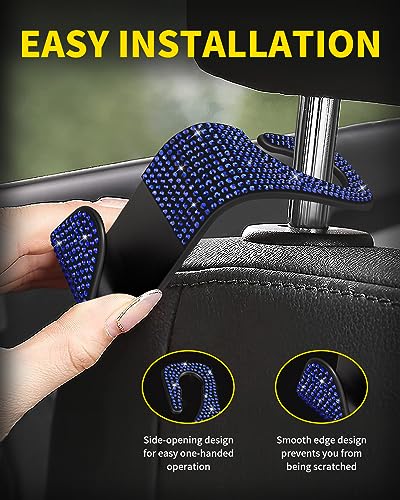 4 Pack Blink Diamond Car Seat Headrest Hooks Crystal Rhinestone Car Purse Holder Universal Car Interior Accessories for Handbags Water Bottles Purse Coats Umbrellas, Blue - color: Blue