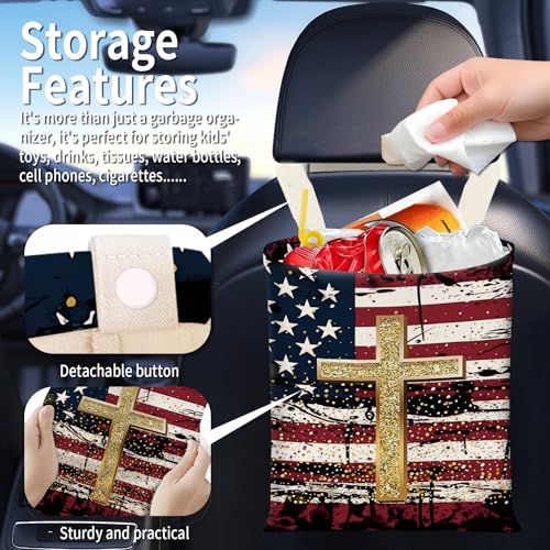 Hanging Car Garbage Bag, Cute Car Trash Can Bag, Automotive Accessories for Women Men American Flag Cross Print - color: American Flag Cross Print