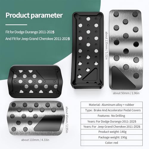 Aluminum Alloy Pedal Cover for Jeep Grand Cherokee 2011-2024 2025 Dodge Durango 2011-2024 2025 No Drilling Aluminum Brake and Accelerator Pedal Covers 2PCS(Silver) - color: Silver