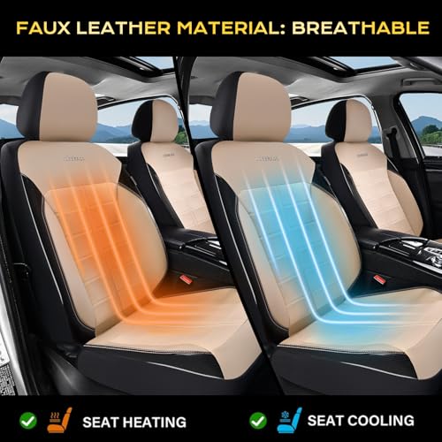 Coverado Front Seat Leather Covers, Full Leather Construction with Carbon Fibre Weave, Universal Fit for Most Cars SUV Trucks (Beige) - color: Beige, size: Front
