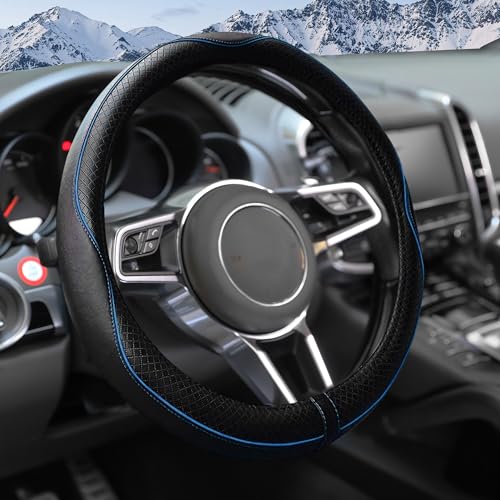 Steering Wheel Cover,Car Accessories 14.5-15 Inch Leather Steering Wheel Cover,Anti-Slip Breathable Microfiber Leather Covers,Warm in Winter and Cool in Summer,Fit for Suvs (Black-Blue) - color: Black&Blue