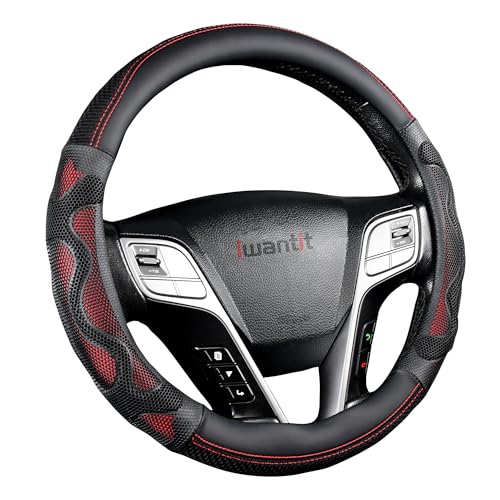 Iwantit® Steering Wheel Cover with 3D Honeycomb Anti-Slip Design and Breathable Fabrics, Universal 14.5-15 Inch (Red/Black) - color: 003-Red/Black
