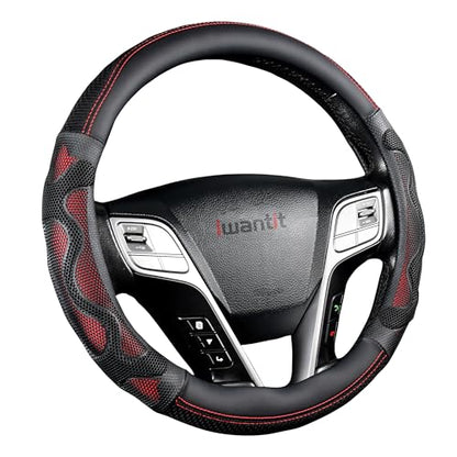 Iwantit® Steering Wheel Cover with 3D Honeycomb Anti-Slip Design and Breathable Fabrics, Universal 14.5-15 Inch (Red/Black) - color: 003-Red/Black