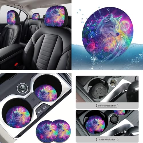 Wolf Flower Printed 15 Pcs Car Seat Cover Full Set, Protective Auto Accessories Set Front Rear Seat Covers Steering Wheel Protector Car Headrest Cover Keychain - color: Purple-Wolf Flower
