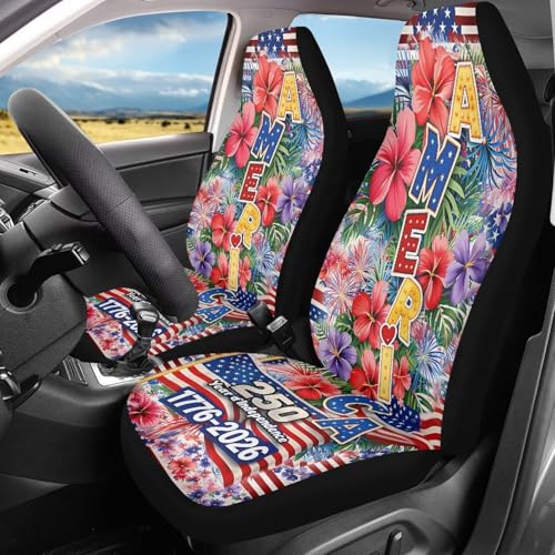 American 250th Anniversary Patriotic Car Seat Covers Two Front Only, Hawaii Hibiscus Flower Automotive Interior Covers Front Seat Protectors, Universal for Car, Truck, SUV - color: American 250th Hibiscus