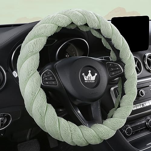 HighnessHwoo Luxury Fluffy Winter Car Steering Wheel Cover for Women Soft Warm Cute Auto Accessories for Jeep, Truck, Van, F150, Universal, Fuzzy, Anti Slip, Green, Large Size, 15.2-16in - color: Green, size: Large Size [15.2-16"] (38.6-40.5cm)