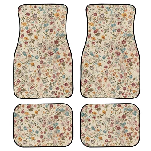 Retro Daisy Floral Print All Weather Carpet Vehicle Floor Mats- 4-Piece Multi-Colour Flower Universal Fit Floor Mat Interior Accessories Anti-Slip Mats for 1st & 2nd Row - color: Retro Daisy Floral