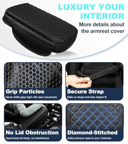 Armrest Cover for 2015-2022 Chevy Colorado GMC Canyon Accessories Center Console Pad Arm Rest Lid Cushion with Pockets, Black Faux Leather