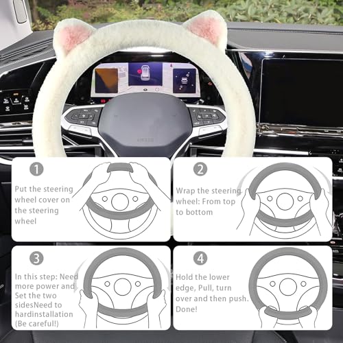 Car Steering Wheel Cover, Cute Steering Wheel Protector with Kitty Cat Ears,Fluffy Soft Plush for Winter Warm, Universal Fit 15 inches for Car,SUV, Elastic & Anti-Slip (White) - color: White