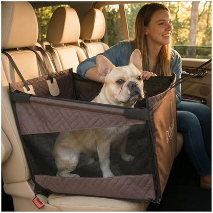 Dog Car Seat for Small & Medium Dogs up to 35 lbs, Hard Bottom Pet Travel Seat with Safety Tether, Waterproof Oxford Fabric, Fits Cars, SUVs & Trucks (Brown)