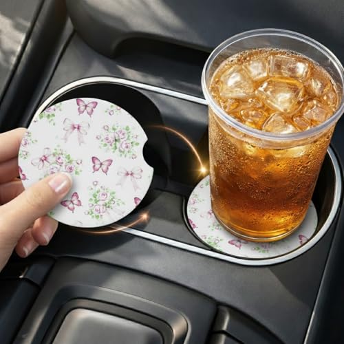 Ceramic Car Coasters, 2 Pack, 2.64" Absorbent Car Cup Holder Coasters, Cute Ceramic Car Coasters for Women, Butterfly Rose & Bow Pattern - color: Butterfly Rose Bow