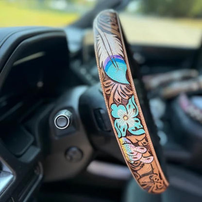 Western Steering Wheel Cover,Retro Western Cowboy Car Universal Steering Wheel Cover,Embossed Hand-Painted Leather Western Car Accessories, for Women Man, Anti-Slip Design Easy to Install (C) - color: C