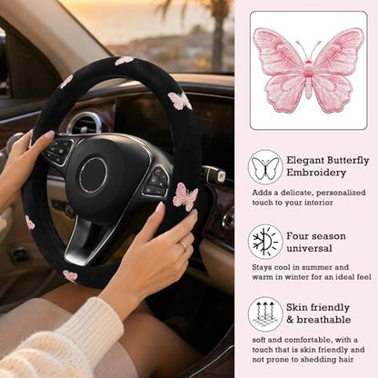 Pink Embroidery Butterfly Steering Wheel Cover, Nappa Leather Material, Universal 14.5-15 Inch Leather Anti-Slip Breathable Auto Steering Wheel Covers for Men Women - color: Embroidery-Pink Butterfly