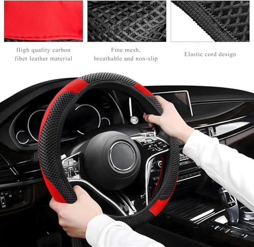 Elastic Stretch Steering Wheel Cover, Warm in Winter and Cool in Summer, Universal 15 inch Microfiber Breathable Ice Silk Anti Slip Car Interior Accessories, Odorless, (Black Red) - color: Red