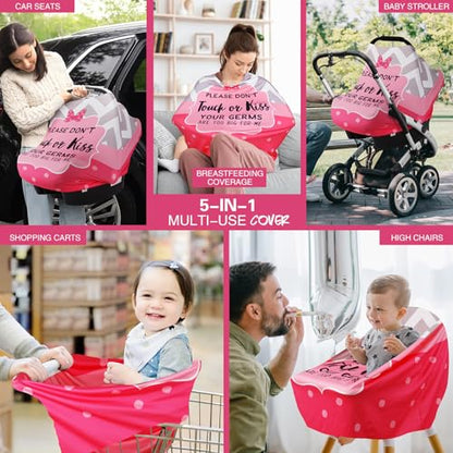 Metplus Car Seat Cover Baby Girl, No Touch Sign Carseat Canopy, Nursing Breastfeeding Covers, Stretchy Universal Fit, Multi-Use for Stroller/Shopping Cart/High Chair, Pink Bow Baby Shower Gift - color: Pink Stripes