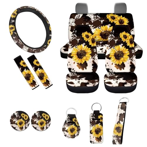 Cow Sunflower Seat Covers for Women,11pcs Cow Car Seat Covers Accessory Full Set Interior Decor,with Cow Keychain,Steering Wheel Cover,Seat Belt Pads,Cup Holder Mats Universal Fit - color: Brown Cow Sunflower